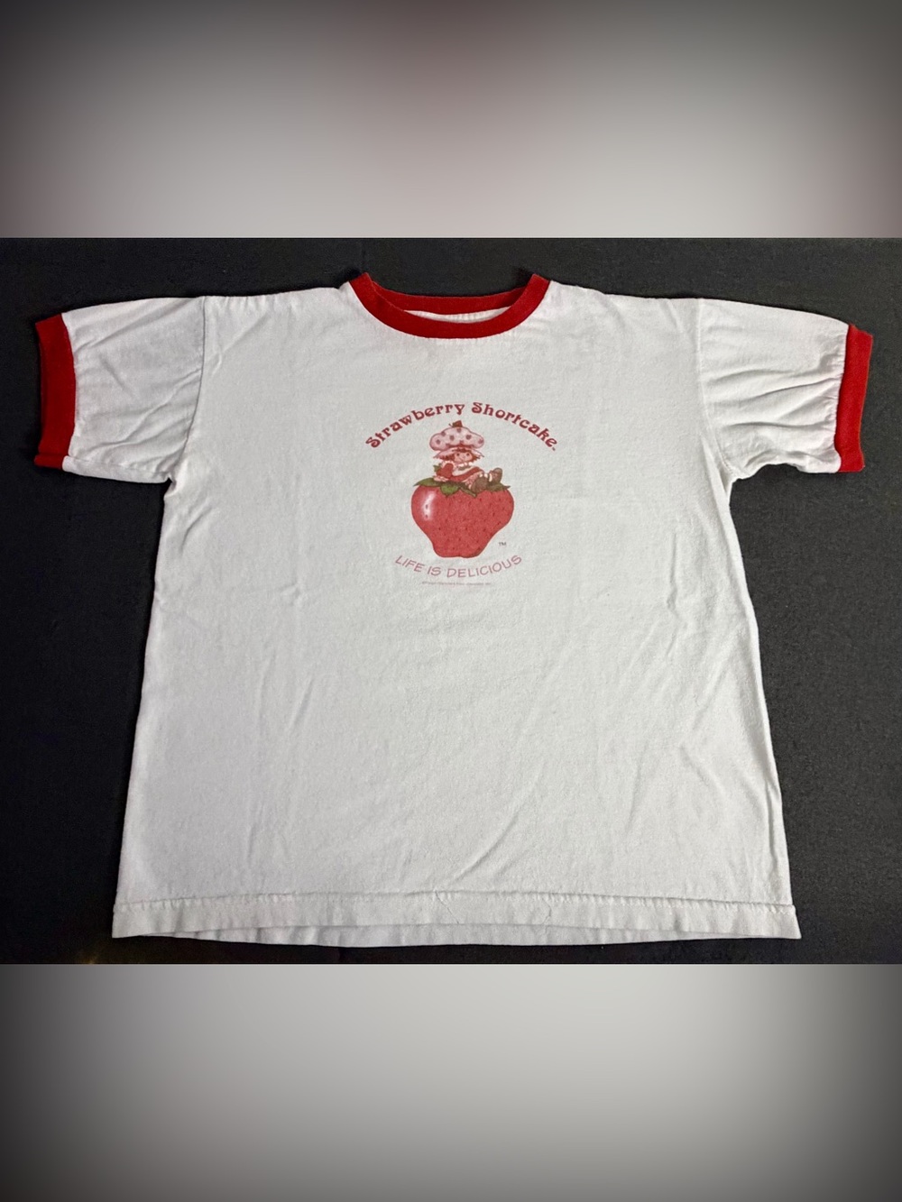 Vintage 90s Y2K Strawberry Shortcake Life Is Delicious Ringer Tee L